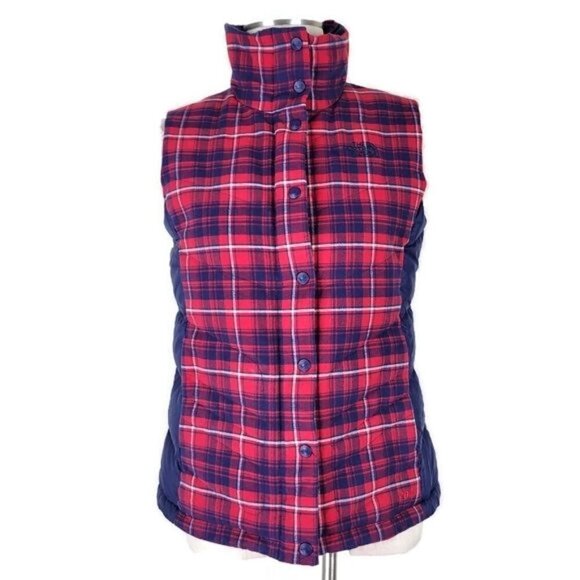 The North Face 700 Puffer Vest Women Size M Goose Down Zip Snaps Red Navy Plaid - Picture 2 of 14